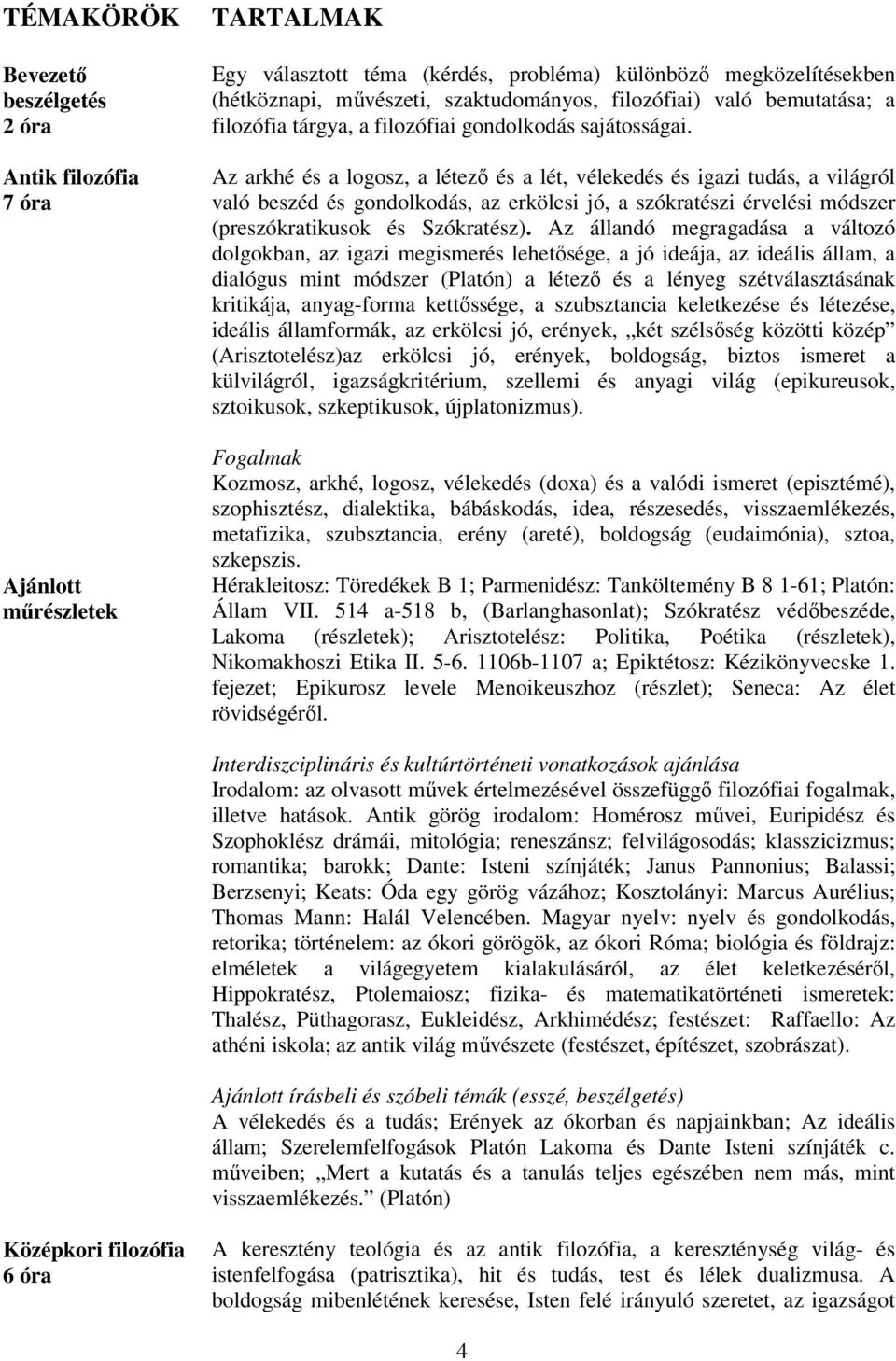 Az arkhé és a logosz, a létező és a lét, vélekedés és igazi tudás, a világról való beszéd és gondolkodás, az erkölcsi jó, a szókratészi érvelési módszer (preszókratikusok és Szókratész).