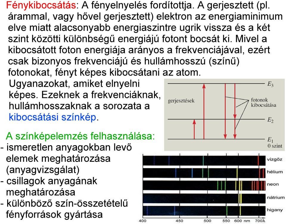 Mivel a kibocsátott foton energiája arányos a frekvenciájával, ezért csak bizonyos frekvenciájú és hullámhosszú (színű) fotonokat, fényt képes kibocsátani az atom.