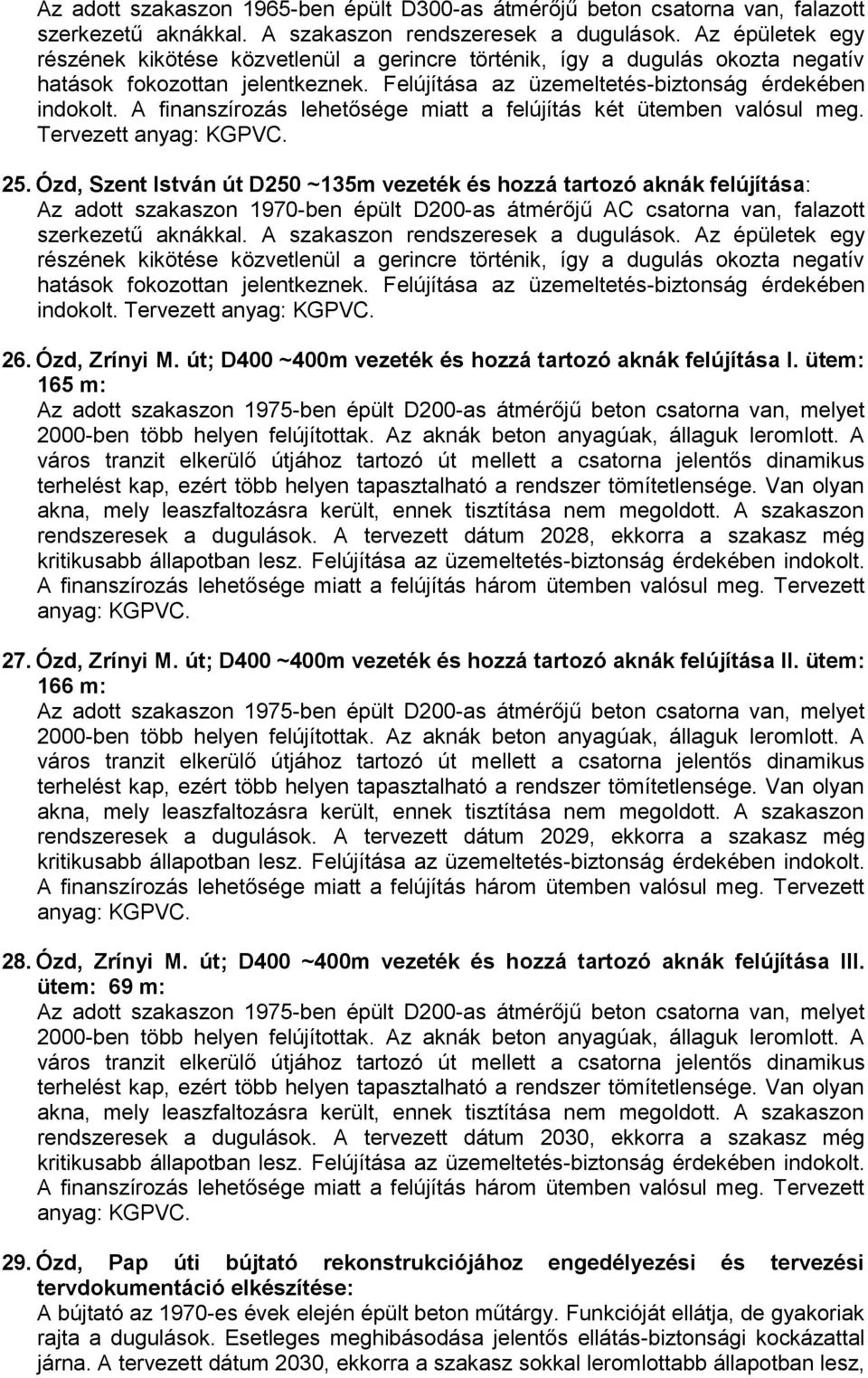 Ózd, Zrínyi M. út; D400 ~400m vezeték és hozzá tartozó aknák felújítása I. ütem: 165 m: Az adott szakaszon 1975-ben épült D200-as átmérőjű beton csatorna van, melyet 2000-ben több helyen felújítottak.