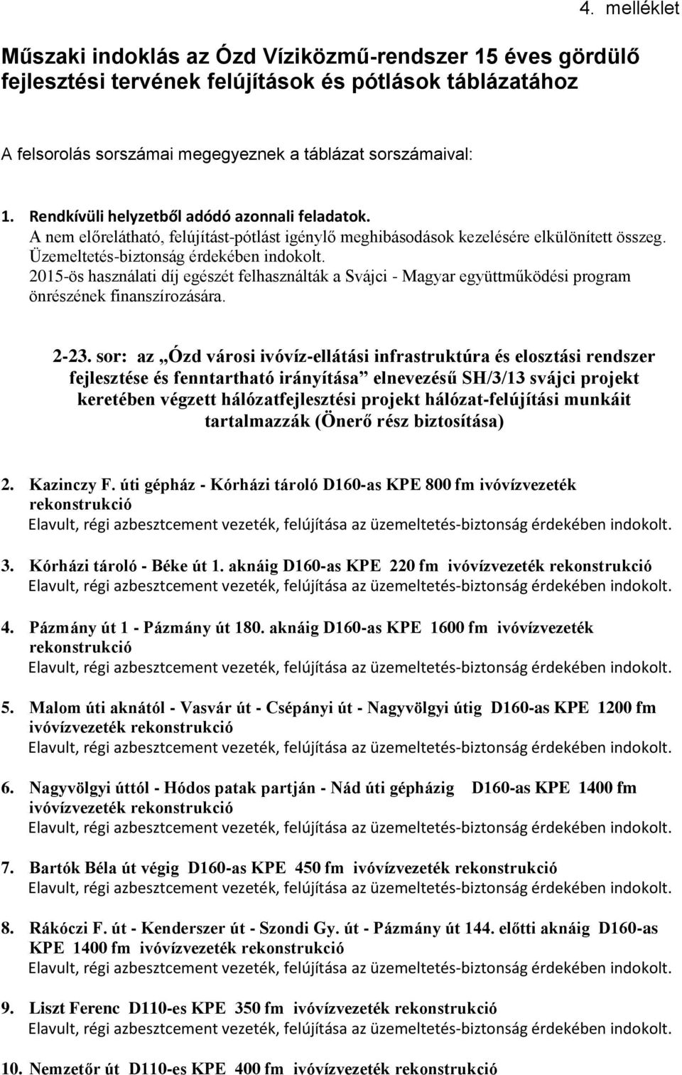 Üzemeltetés-biztonság 2015-ös használati díj egészét felhasználták a Svájci - Magyar együttműködési program önrészének finanszírozására. 2-23.