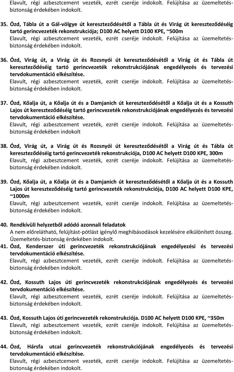 Ózd, Kőalja út, a Kőalja út és a Damjanich út kereszteződésétől a Kőalja út és a Kossuth Lajos út kereszteződéséig tartó gerincvezeték rekonstrukciójának engedélyezés és tervezési érdekében indokolt