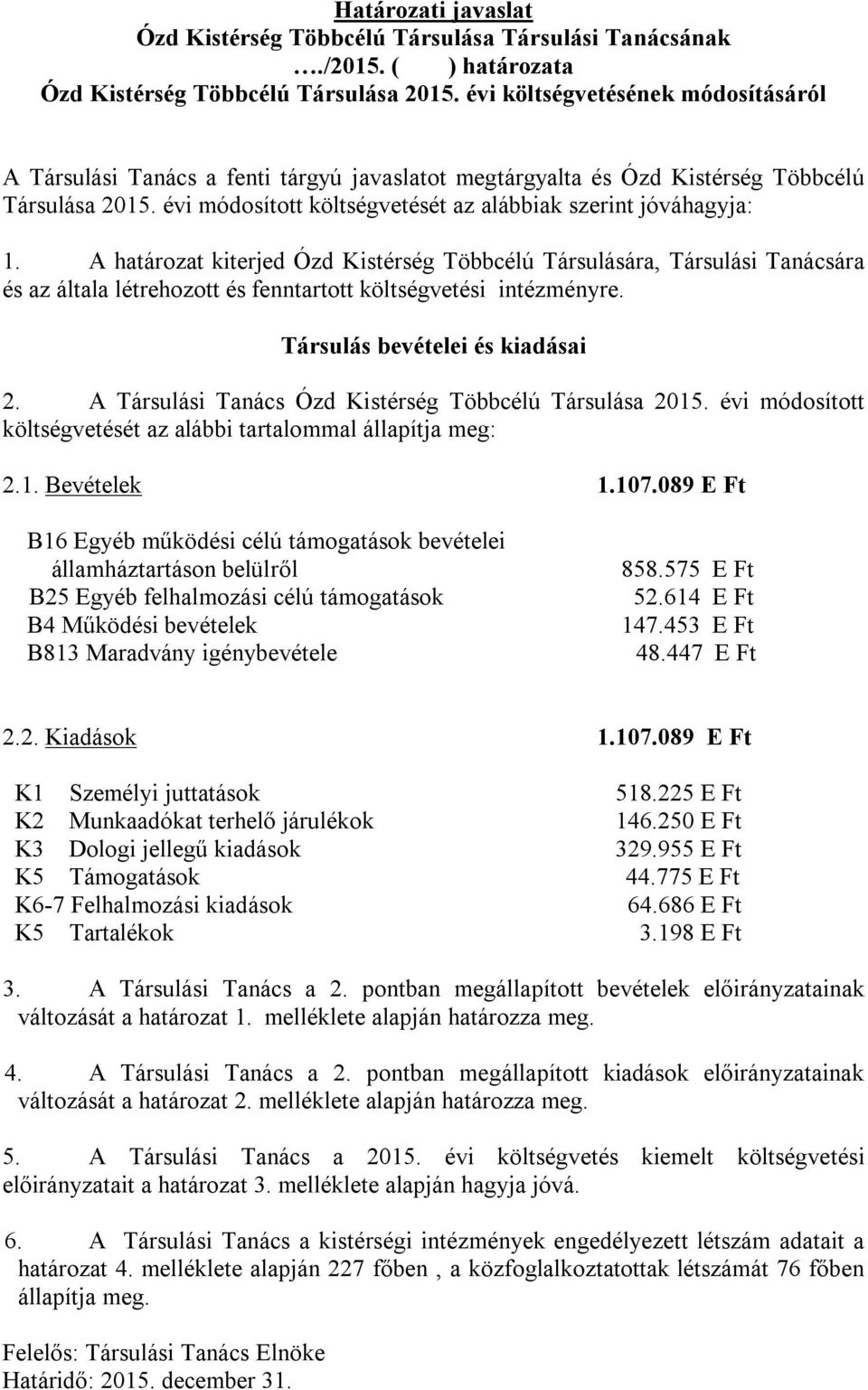 A határozat kiterjed Ózd Kistérség Többcélú Társulására, Társulási Tanácsára és az általa létrehozott és fenntartott költségvetési intézményre. Társulás bevételei és kiadásai 2.