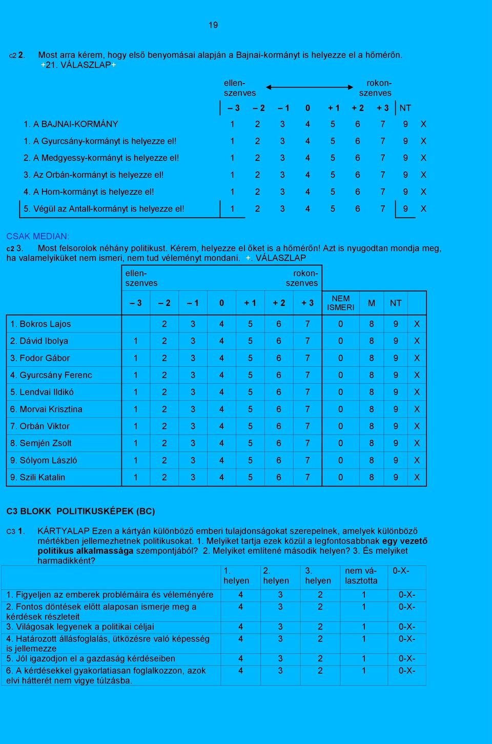 A Horn-kormányt is helyezze el! 1 2 3 4 5 6 7 9 X 5. Végül az Antall-kormányt is helyezze el! 1 2 3 4 5 6 7 9 X CSAK MEDIAN: c2 3. Most felsorolok néhány politikust.