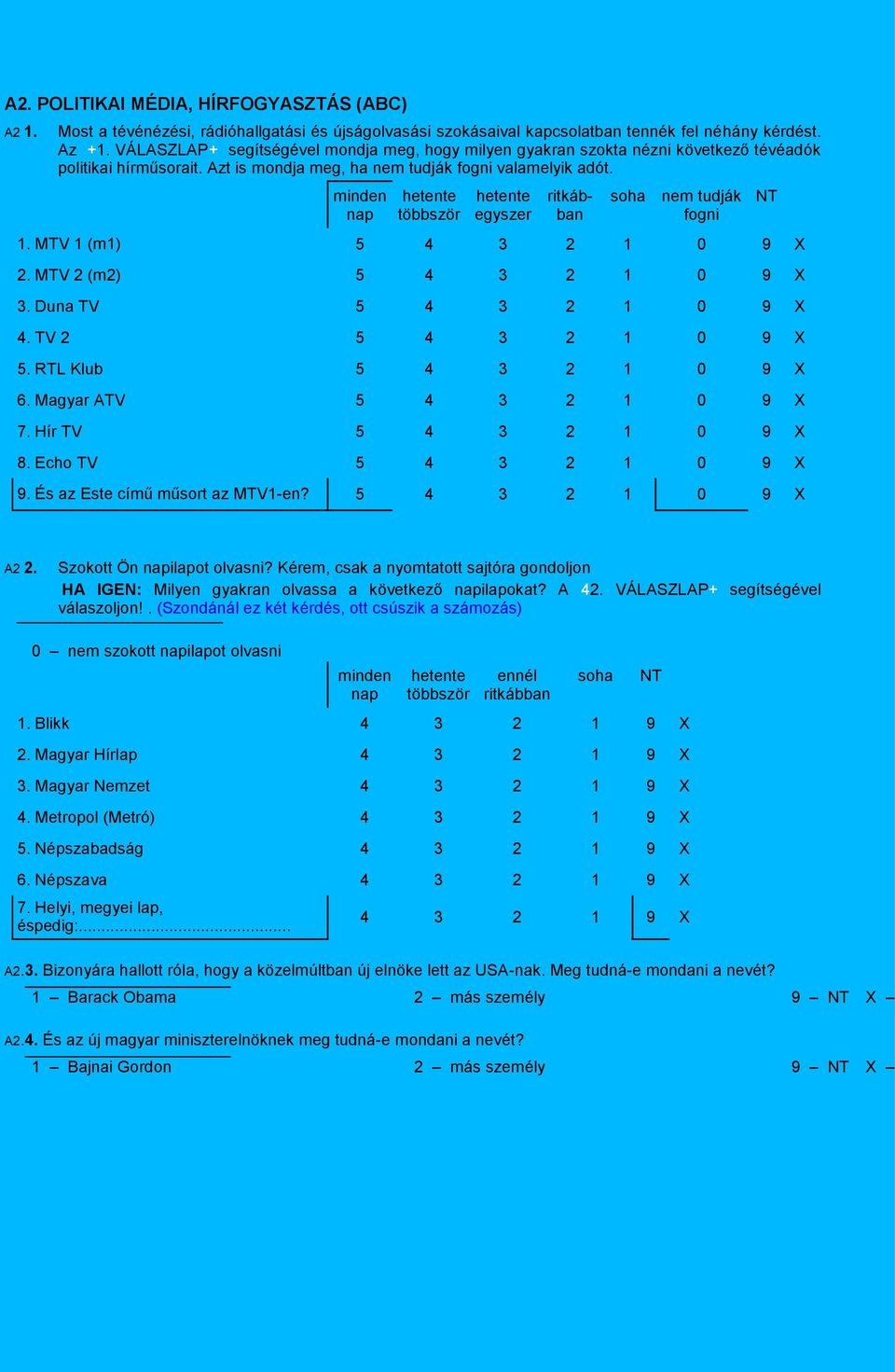 minden nap hetente többször hetente egyszer ritkábban soha nem tudják fogni 1. MTV 1 (m1) 5 4 3 2 1 0 9 X 2. MTV 2 (m2) 5 4 3 2 1 0 9 X 3. Duna TV 5 4 3 2 1 0 9 X 4. TV 2 5 4 3 2 1 0 9 X 5.