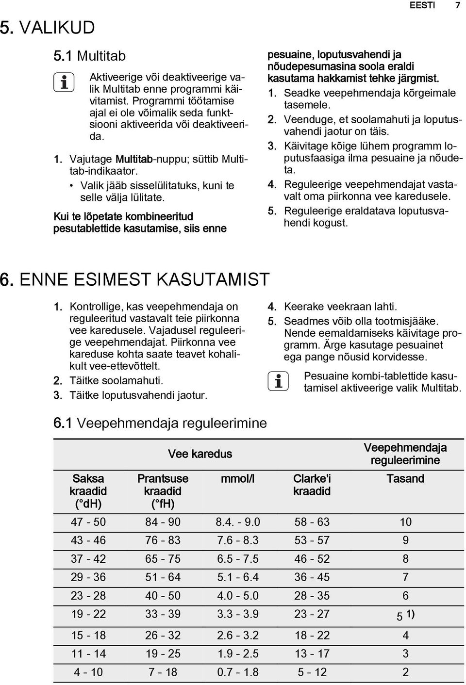 Kui te lõpetate kombineeritud pesutablettide kasutamise, siis enne EESTI 7 pesuaine, loputusvahendi ja nõudepesumasina soola eraldi kasutama hakkamist tehke järgmist. 1.