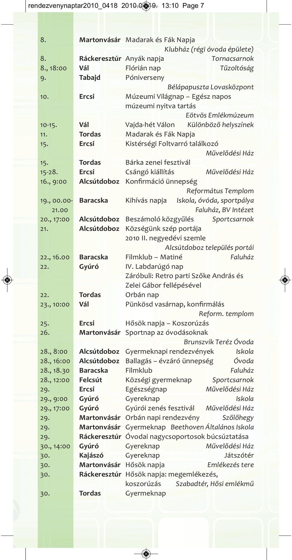 Kistérségi Foltvarró találkozó 15. Bárka zenei fesztivál 15 28. Csángó kiállítás 16., 9:00 Konﬁrmáció ünnepség Református Templom 19., 00.