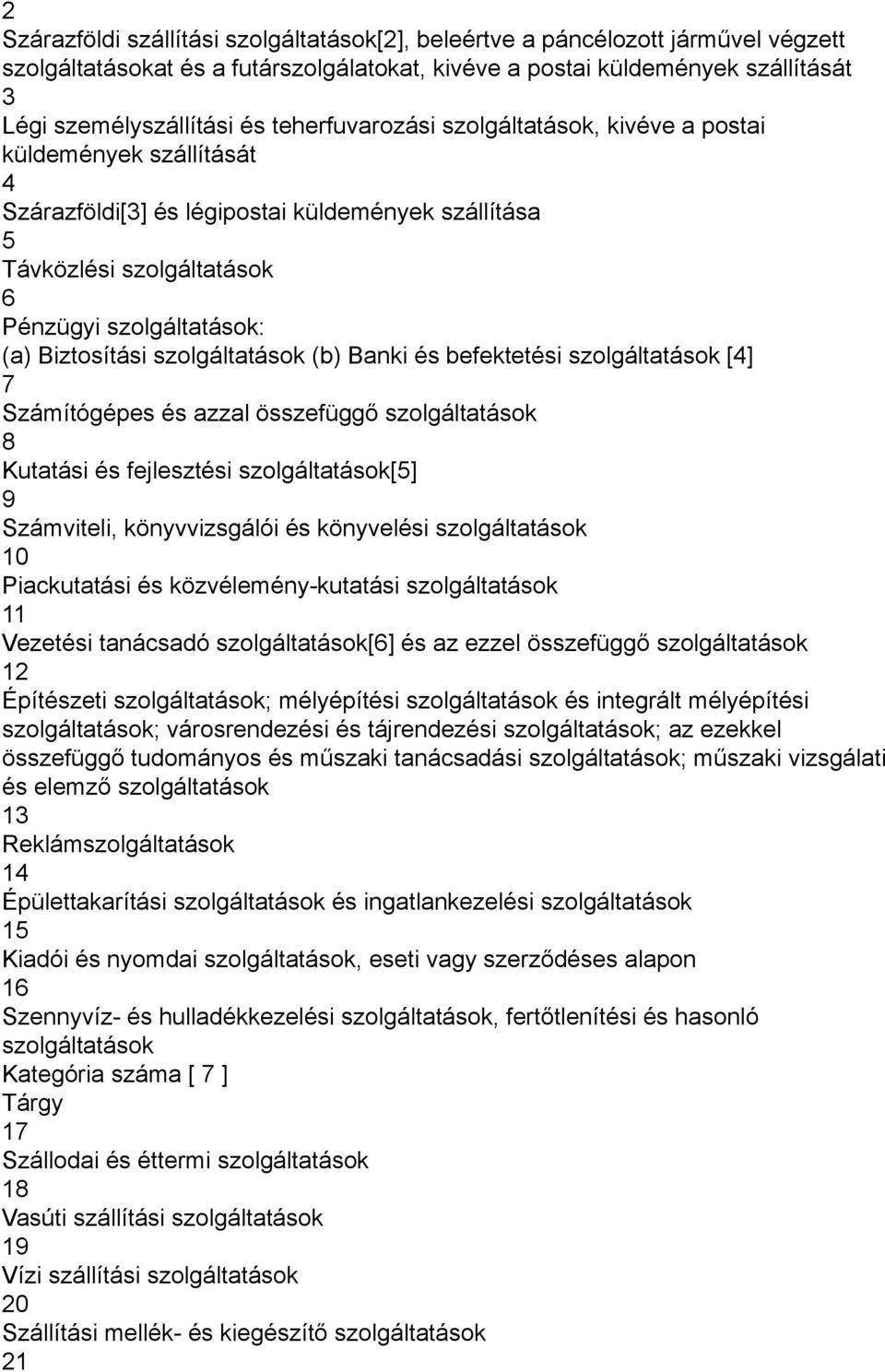 szolgáltatások (b) Banki és befektetési szolgáltatások [4] 7 Számítógépes és azzal összefüggő szolgáltatások 8 Kutatási és fejlesztési szolgáltatások[5] 9 Számviteli, könyvvizsgálói és könyvelési