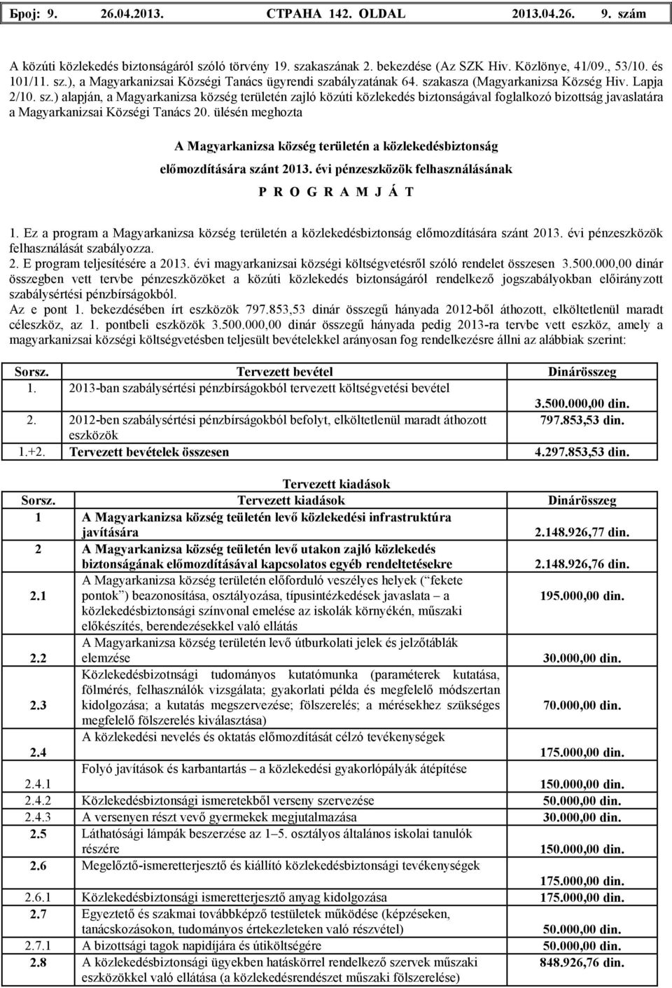 ülésén meghozta A területén a közlekedésbiztonság elımozdítására szánt 2013. évi pénzeszközök felhasználásának P R O G R A M J Á T 1.