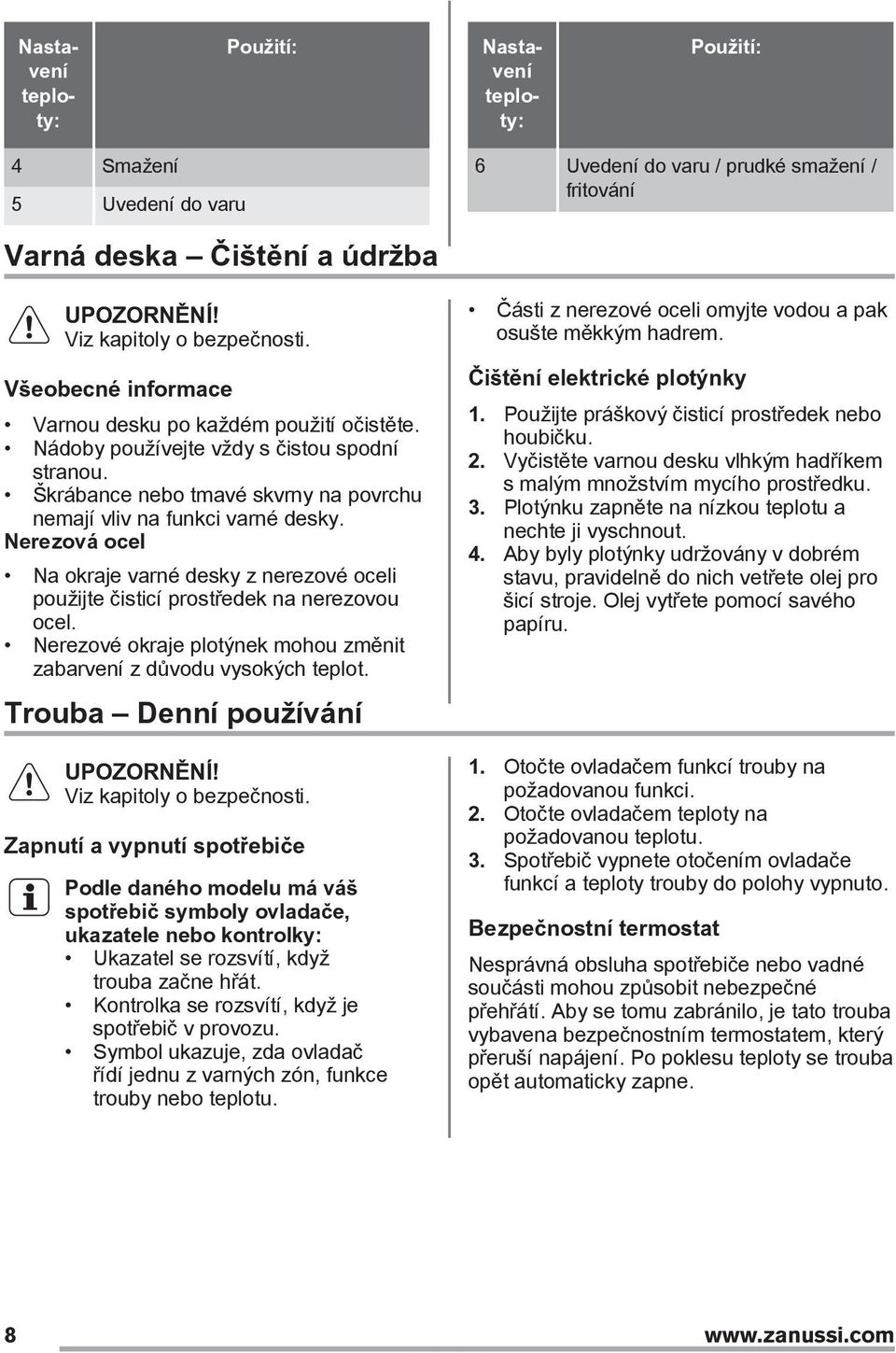 Nerezová ocel Na okraje varné desky z nerezové oceli použijte čisticí prostředek na nerezovou ocel. Nerezové okraje plotýnek mohou změnit zabarvení z důvodu vysokých teplot.