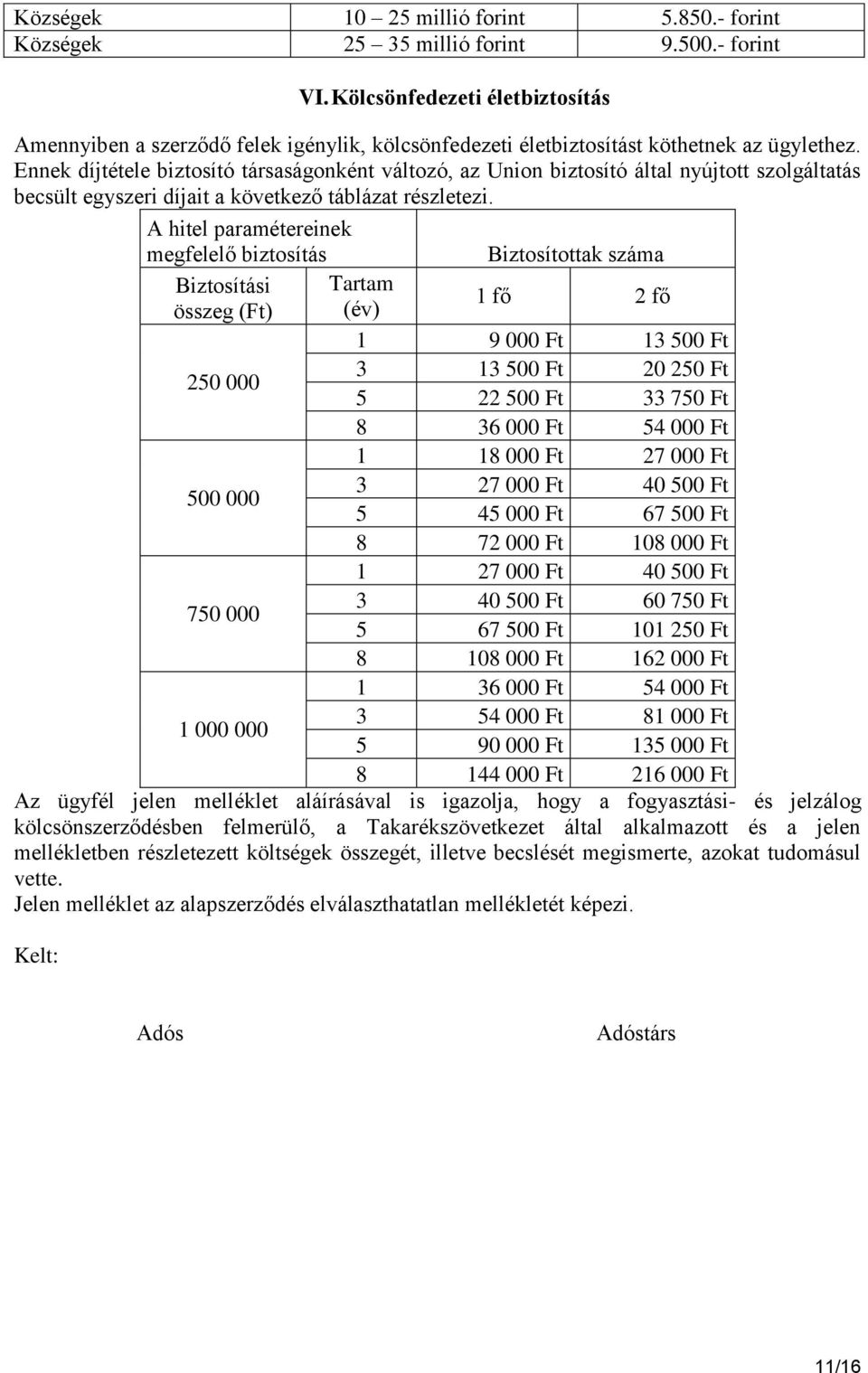 Ennek díjtétele biztosító társaságonként változó, az Union biztosító által nyújtott szolgáltatás becsült egyszeri díjait a következő táblázat részletezi.