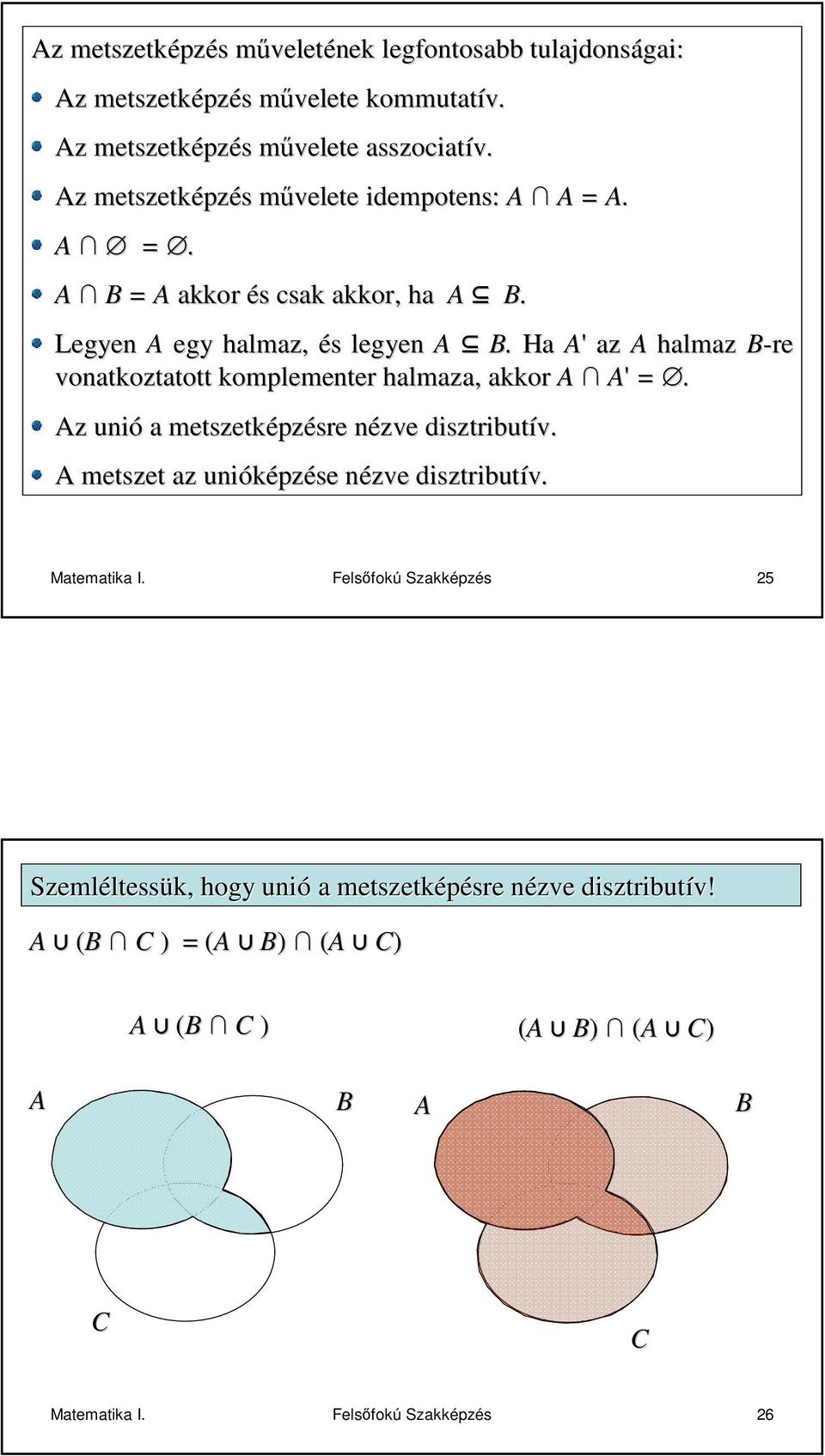 H A' z A hlmz B-re vontkozttott komplementer hlmz, kkor A A'. Az unió metszetképz pzésre nézve n disztributív.
