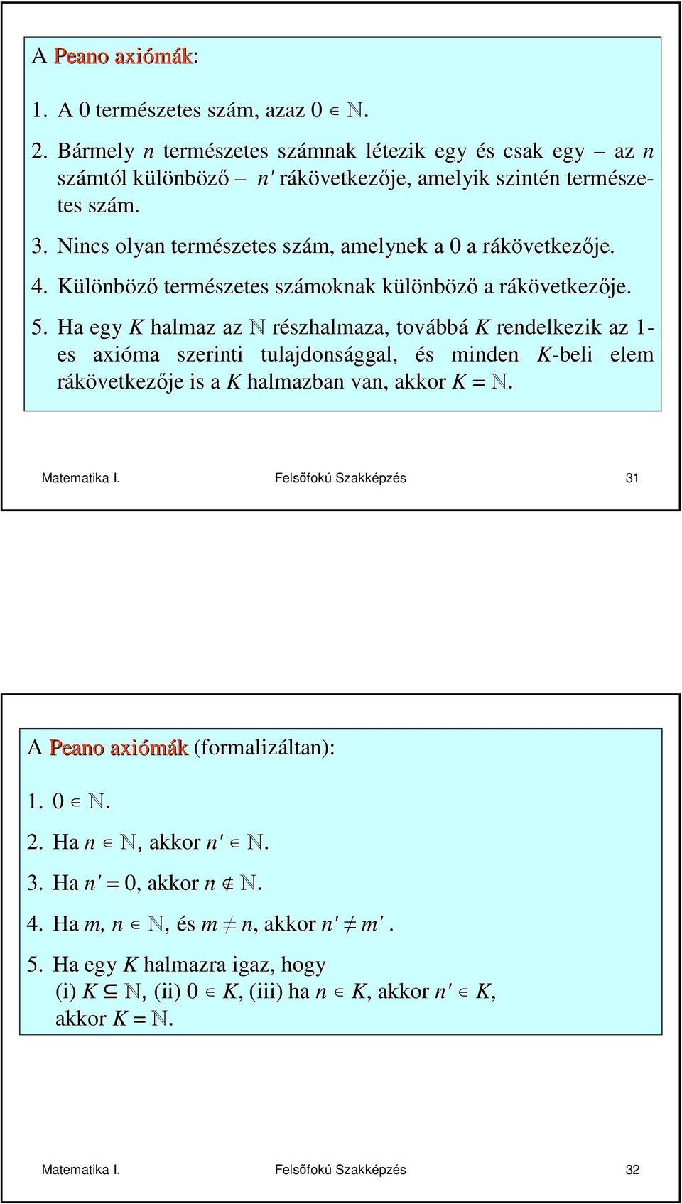 . Nincs olyn természetes szám, melynek rákövetkezr vetkezıje. 4. Különbözı természetes számoknk különbk nbözı rákövetkezr vetkezıje. 5.