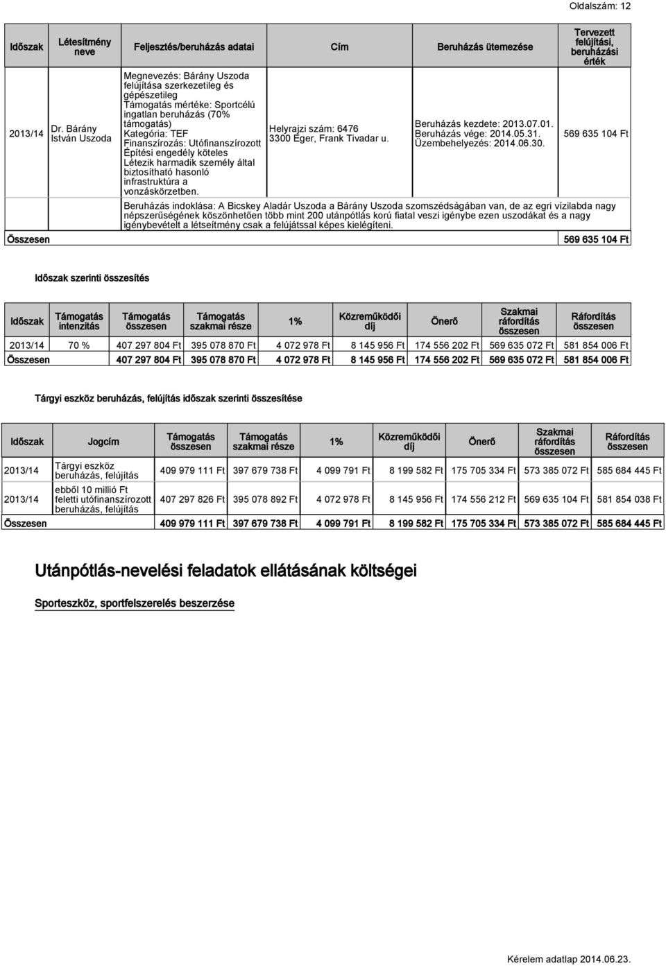 Kategória: TEF Finanszírozás: Utófinanszírozott Építési engedély köteles Létezik harmadik személy által biztosítható hasonló infrastruktúra a vonzáskörzetben.