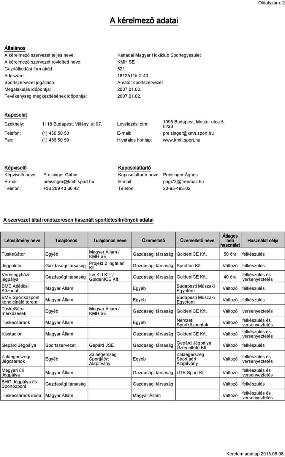 Levelezési cím: 1095 Budapest, Mester utca 5. III/28 Telefon: (1) 456 50 50 E-mail: preisinger@kmh.sport.