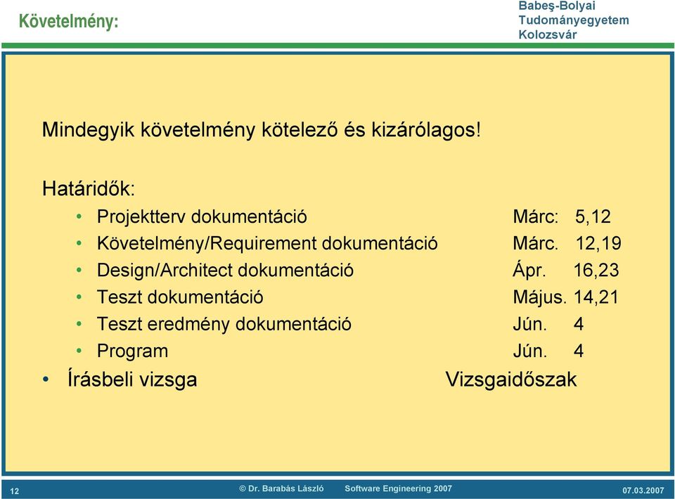 12,19 Design/Architect dokumentáció Ápr. 16,23 Teszt dokumentáció Május.