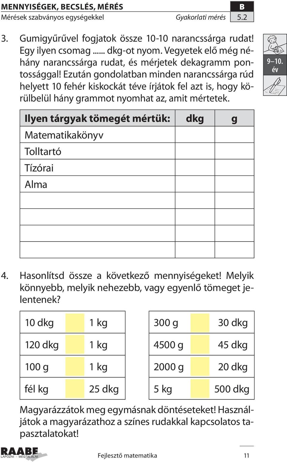 Ezután gondolatban minden narancssárga rúd helyett 10 fehér kiskockát te írjátok fel azt is, hogy körülbelül hány grammot nyomhat az, amit mértetek. 9 10.