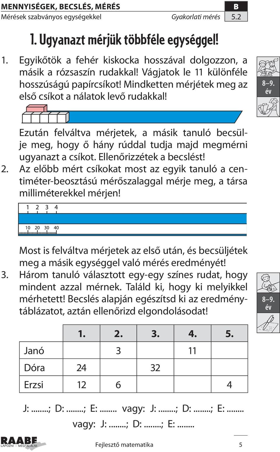 Ezután felváltva mérjetek, a másik tanuló becsülje meg, hogy ő hány rúddal tudja majd megmérni ugyanazt a csíkot. Ellenőrizzétek a becslést! 2.