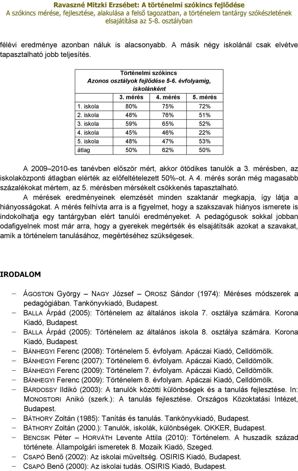 iskola 48% 47% 53% átlag 50% 62% 50% A 2009 2010-es tanévben először mért, akkor ötödikes tanulók a 3. mérésben, az iskolaközponti átlagban elérték az előfeltételezett 50%-ot. A 4.