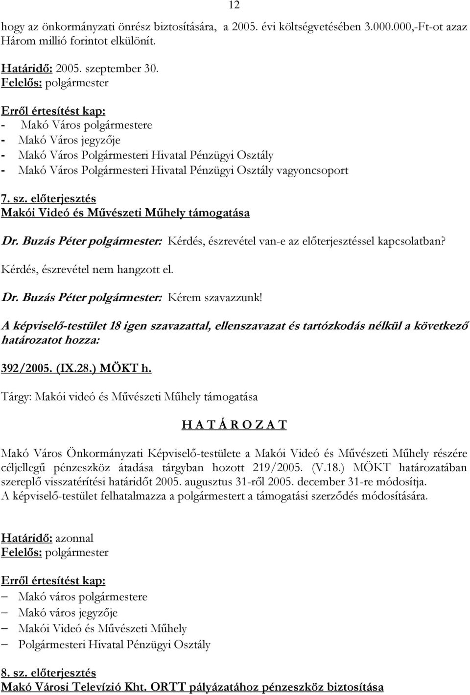 előterjesztés Makói Videó és Művészeti Műhely támogatása Dr. Buzás Péter polgármester: Kérdés, észrevétel van-e az előterjesztéssel kapcsolatban? Kérdés, észrevétel nem hangzott el. Dr. Buzás Péter polgármester: Kérem szavazzunk!