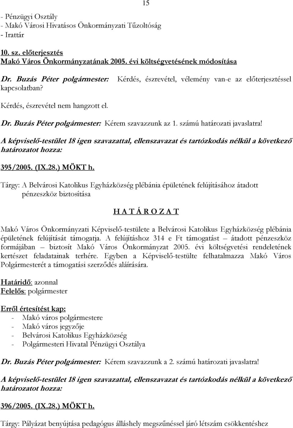 számú határozati javaslatra! 395/2005. (IX.28.) MÖKT h.