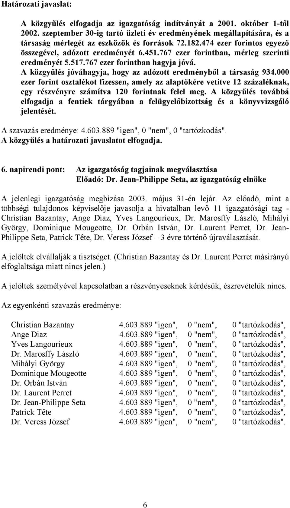 767 ezer forintban, mérleg szerinti eredményét 5.517.767 ezer forintban hagyja jóvá. A közgyűlés jóváhagyja, hogy az adózott eredményből a társaság 934.