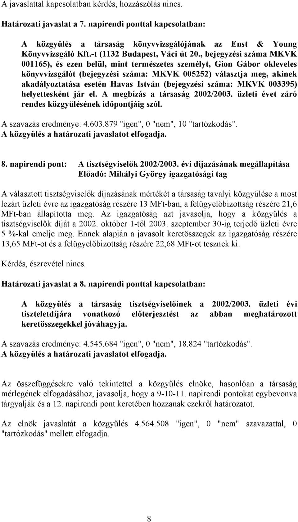 , bejegyzési száma MKVK 001165), és ezen belül, mint természetes személyt, Gion Gábor okleveles könyvvizsgálót (bejegyzési száma: MKVK 005252) választja meg, akinek akadályoztatása esetén Havas