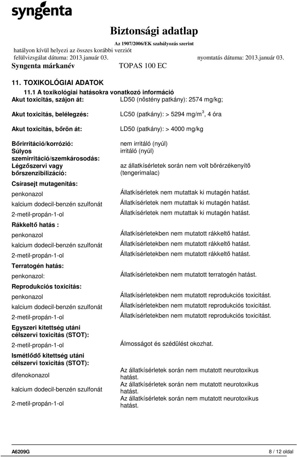 szemirritáció/szemkárosodás: Légzőszervi vagy bőrszenzibilizáció: Csírasejt mutagenitás: penkonazol kalcium dodecil-benzén szulfonát Rákkeltő hatás : penkonazol kalcium dodecil-benzén szulfonát