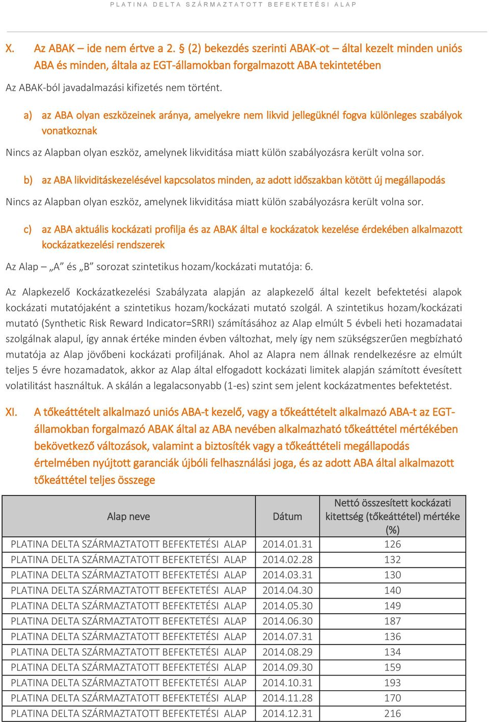 a) az ABA olyan eszközeinek aránya, amelyekre nem likvid jellegüknél fogva különleges szabályok vonatkoznak Nincs az Alapban olyan eszköz, amelynek likviditása miatt külön szabályozásra került volna