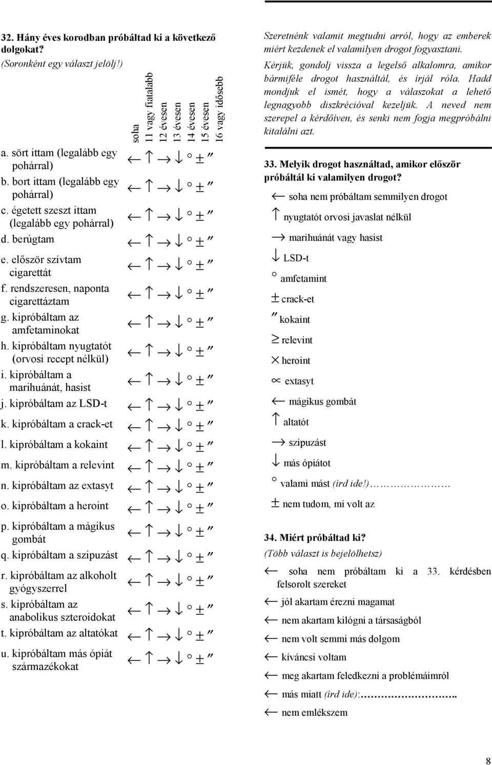 kipróbáltam nyugtatót (orvosi recept nélkül) i. kipróbáltam a marihuánát, hasist ± ± ± ± ± j. kipróbáltam az LSD-t ± k. kipróbáltam a crack-et ± l. kipróbáltam a kokaint ± m.