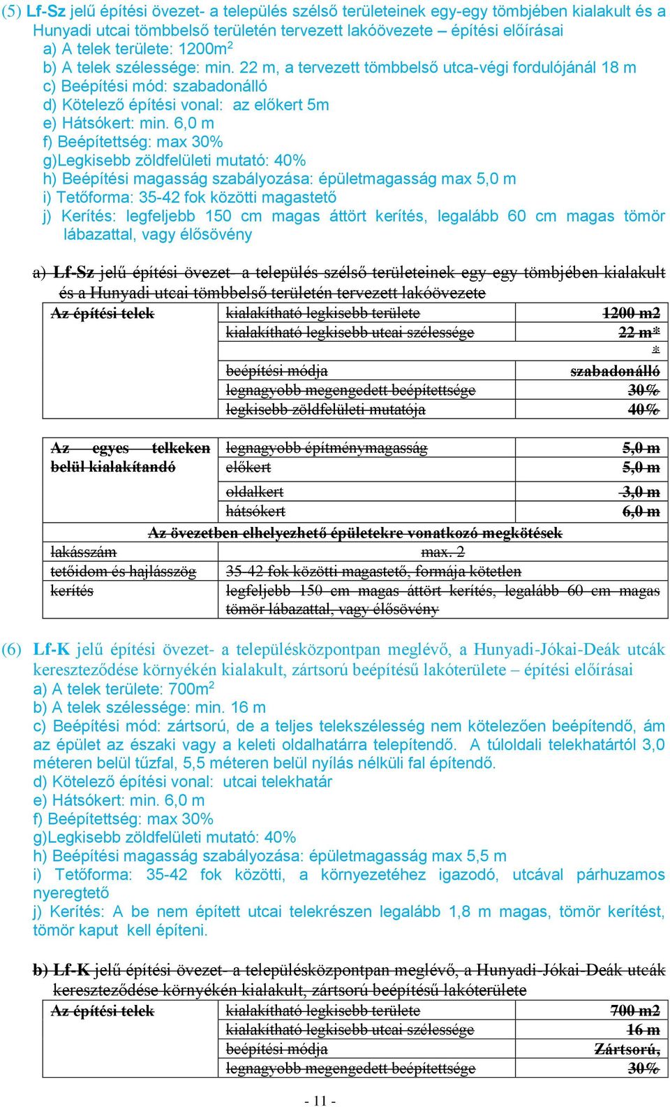 6,0 m f) Beépítettség: max 30% g)legkisebb zöldfelületi mutató: 40% h) Beépítési magasság szabályozása: épületmagasság max 5,0 m i) Tetőforma: 35-42 fok közötti magastető j) Kerítés: legfeljebb 150