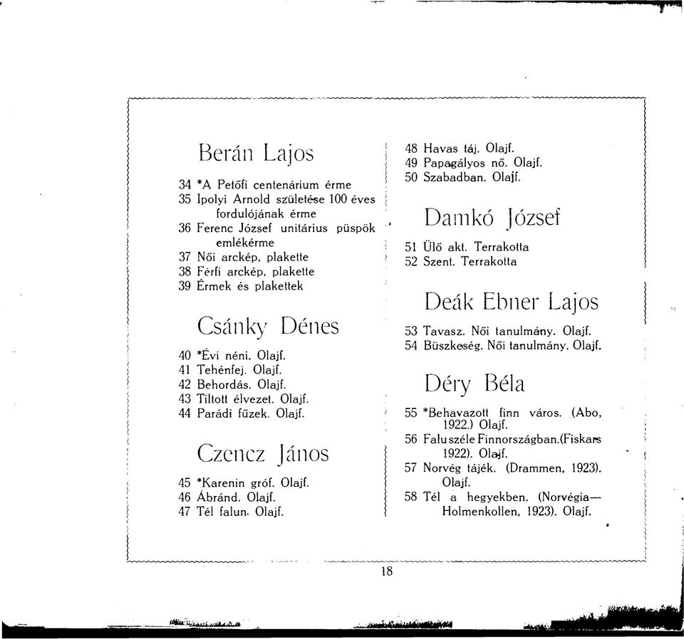 Olajf. 48 Havas táj. Olajf. 49 Papagályos nő. Olajf. 50 Szabadban. Olajf. Damkó József 51 Ülő akt. Terrakotta 52 Szent. Terrakotta Deák Ebner Lajos 53 Tavasz. Női tanulmány. Olajf. 54 Büszkeség.