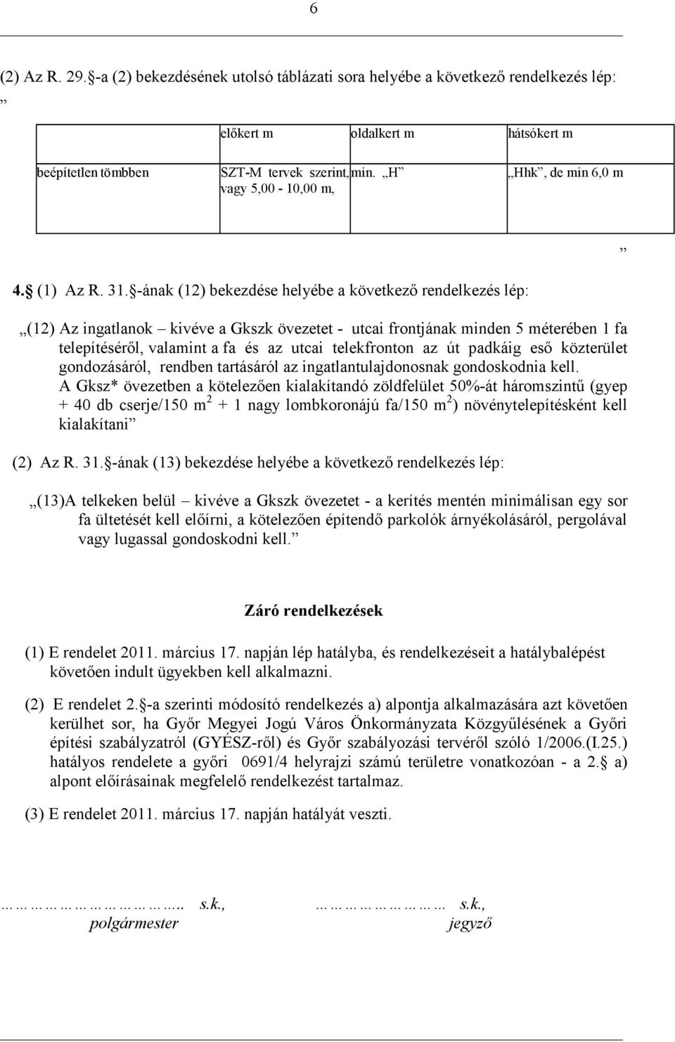 -ának (12) bekezdése helyébe a következı rendelkezés lép: (12) Az ingatlanok kivéve a Gkszk övezetet - utcai frontjának minden 5 méterében 1 fa telepítésérıl, valamint a fa és az utcai telekfronton