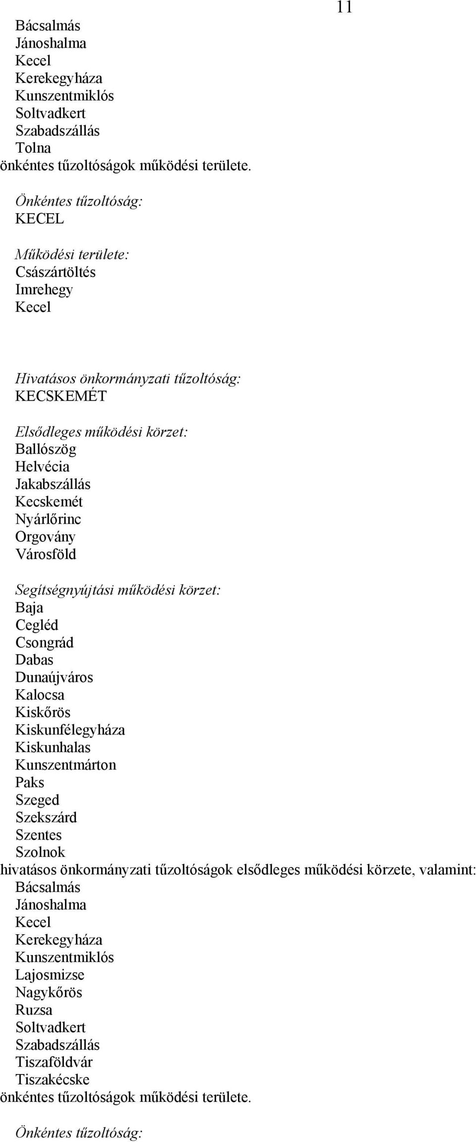 Csongrád Dabas Dunaújváros Kalocsa Kiskőrös Kiskunfélegyháza Kiskunhalas Kunszentmárton Paks Szeged Szekszárd Szentes Szolnok