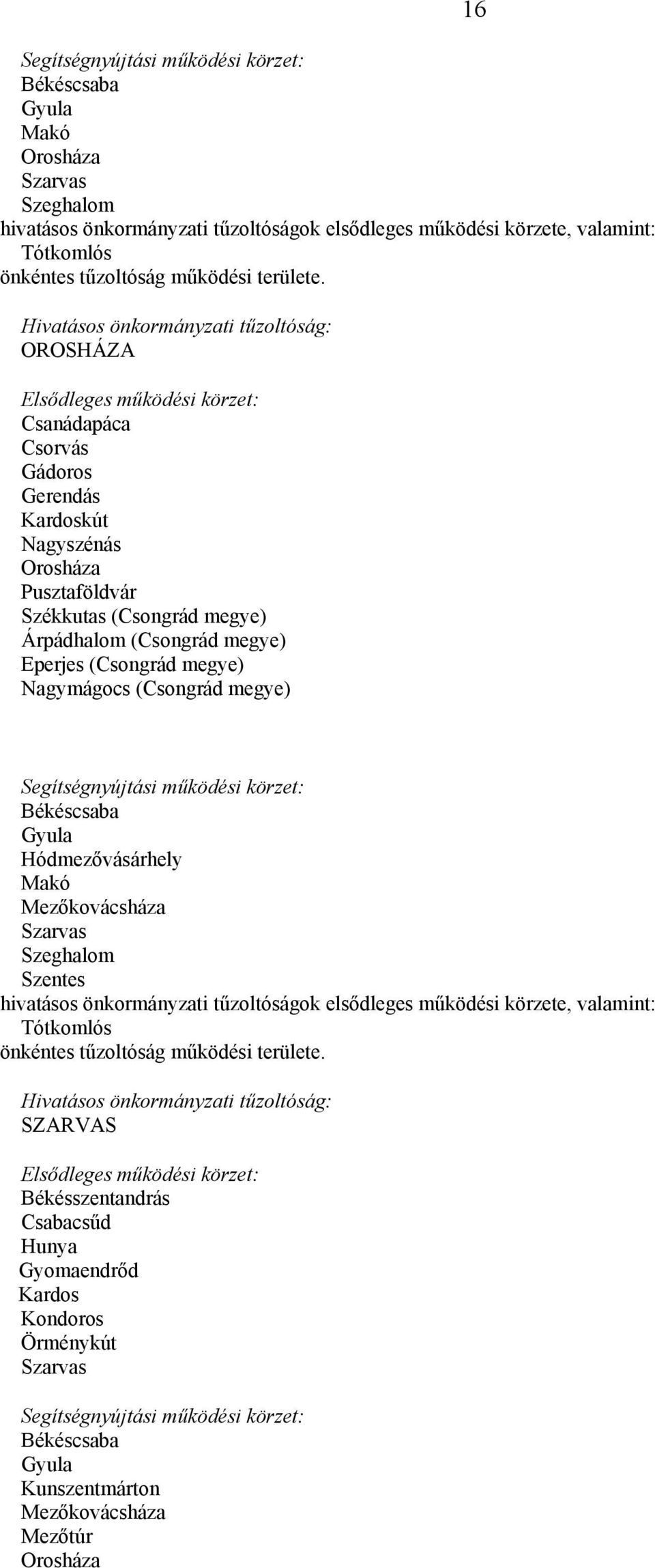 Eperjes (Csongrád megye) Nagymágocs (Csongrád megye) Békéscsaba Gyula Hódmezővásárhely Makó Mezőkovácsháza Szarvas Szeghalom Szentes Tótkomlós