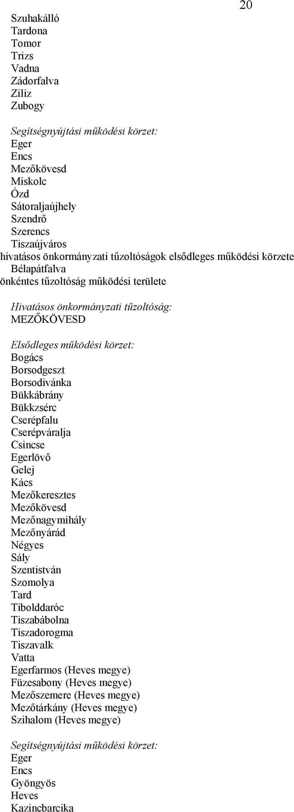 Cserépváralja Csincse Egerlövő Gelej Kács Mezőkeresztes Mezőkövesd Mezőnagymihály Mezőnyárád Négyes Sály Szentistván Szomolya Tard Tibolddaróc Tiszabábolna Tiszadorogma