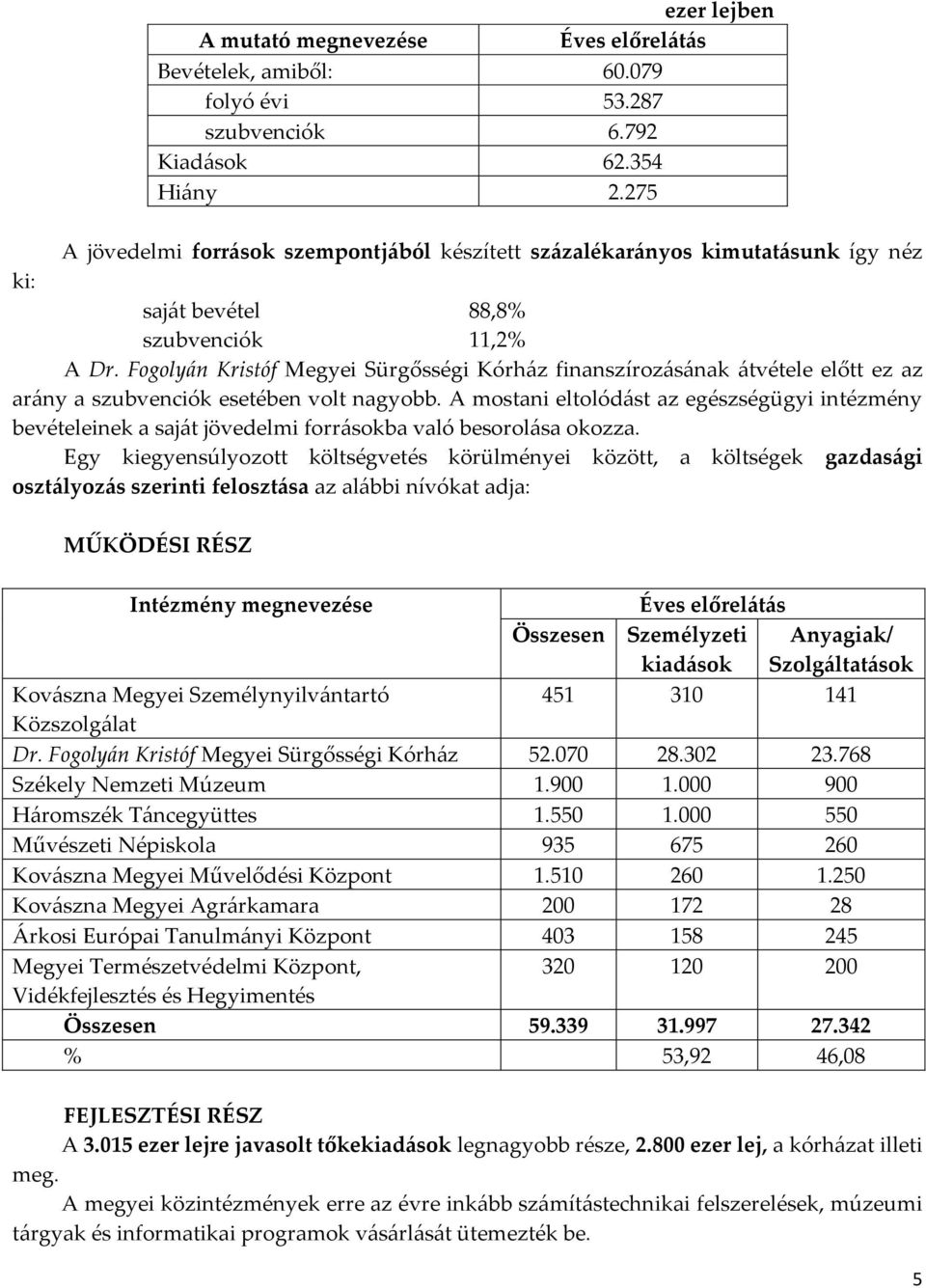 Fogolyán Kristóf Megyei Sürgősségi Kórház finanszírozásának átvétele előtt ez az arány a szubvenciók esetében volt nagyobb.