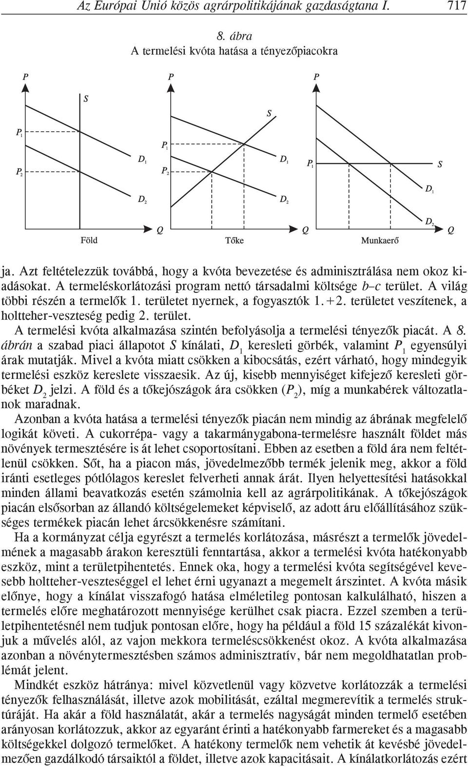 területet nyernek, a fogyasztók 1.+2. területet veszítenek, a holtteher-veszteség pedig 2. terület. A termelési kvóta alkalmazása szintén befolyásolja a termelési tényezõk piacát. A 8.