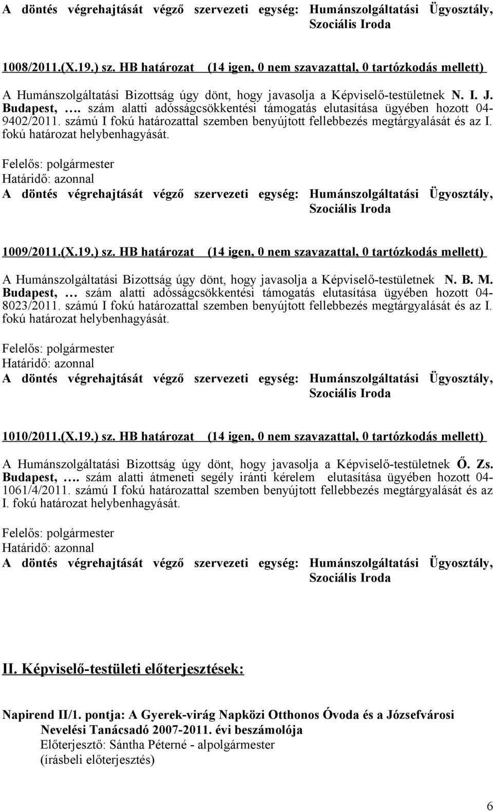 1009/2011.(X.19.) sz. HB határozat (14 igen, 0 nem szavazattal, 0 tartózkodás mellett) A Humánszolgáltatási Bizottság úgy dönt, hogy javasolja a Képviselő-testületnek N. B. M.