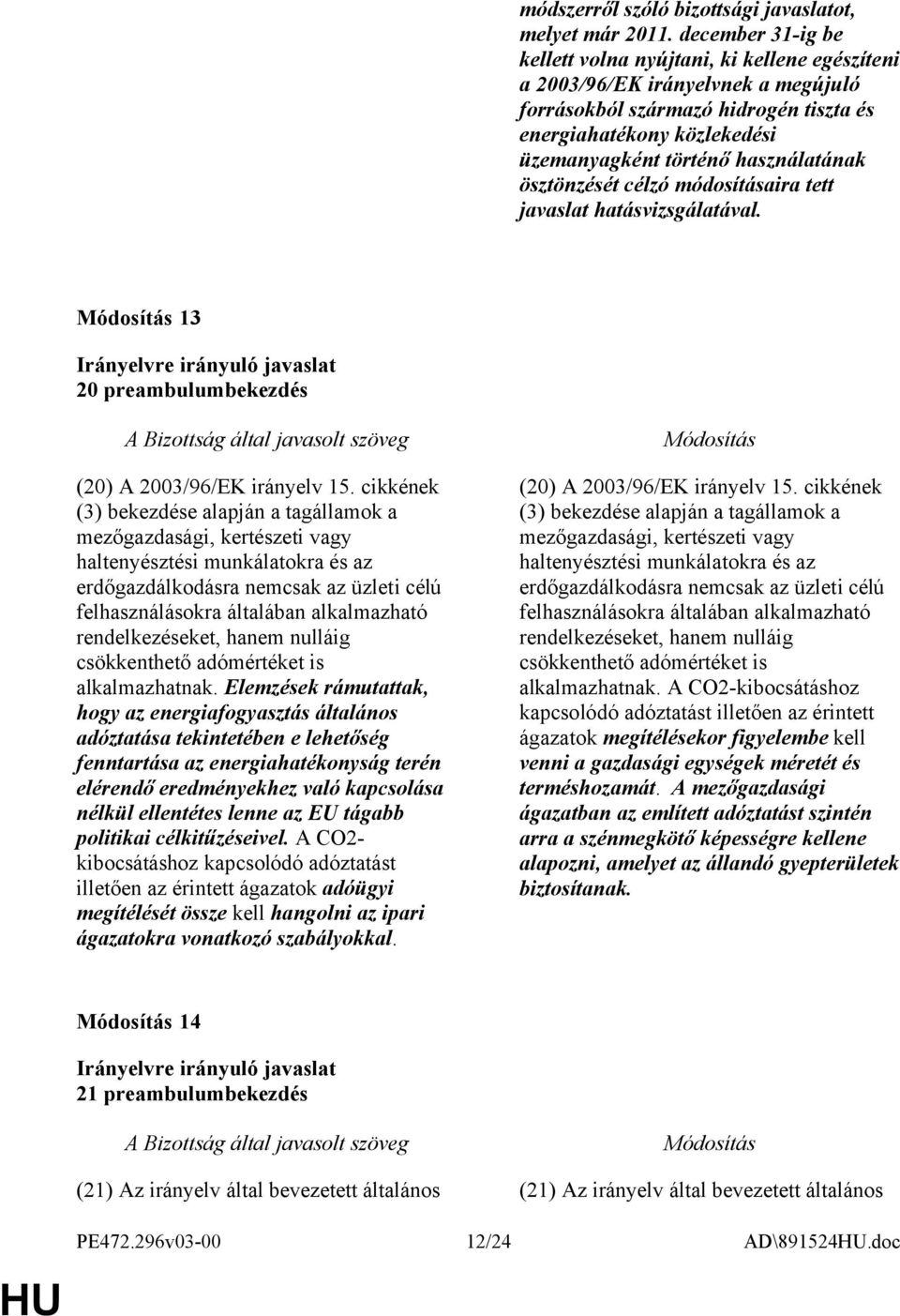 célzó módosításaira tett javaslat hatásvizsgálatával. 13 20 preambulumbekezdés (20) A 15.