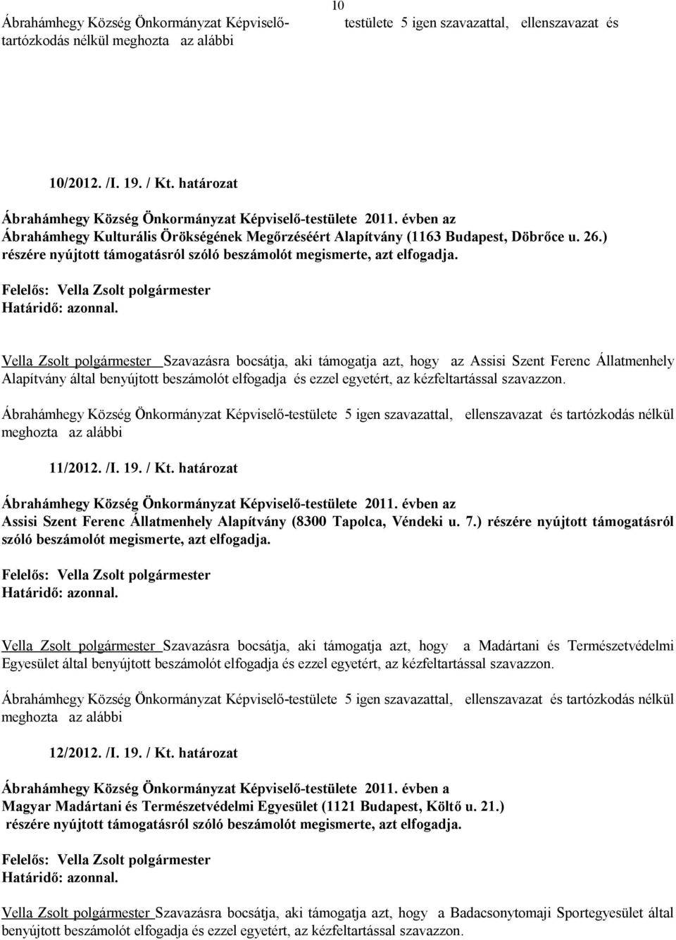 Vella polgármester Szavazásra bocsátja, aki támogatja azt, hogy az Assisi Szent Ferenc Állatmenhely Alapítvány által benyújtott beszámolót elfogadja és ezzel egyetért, az kézfeltartással szavazzon.