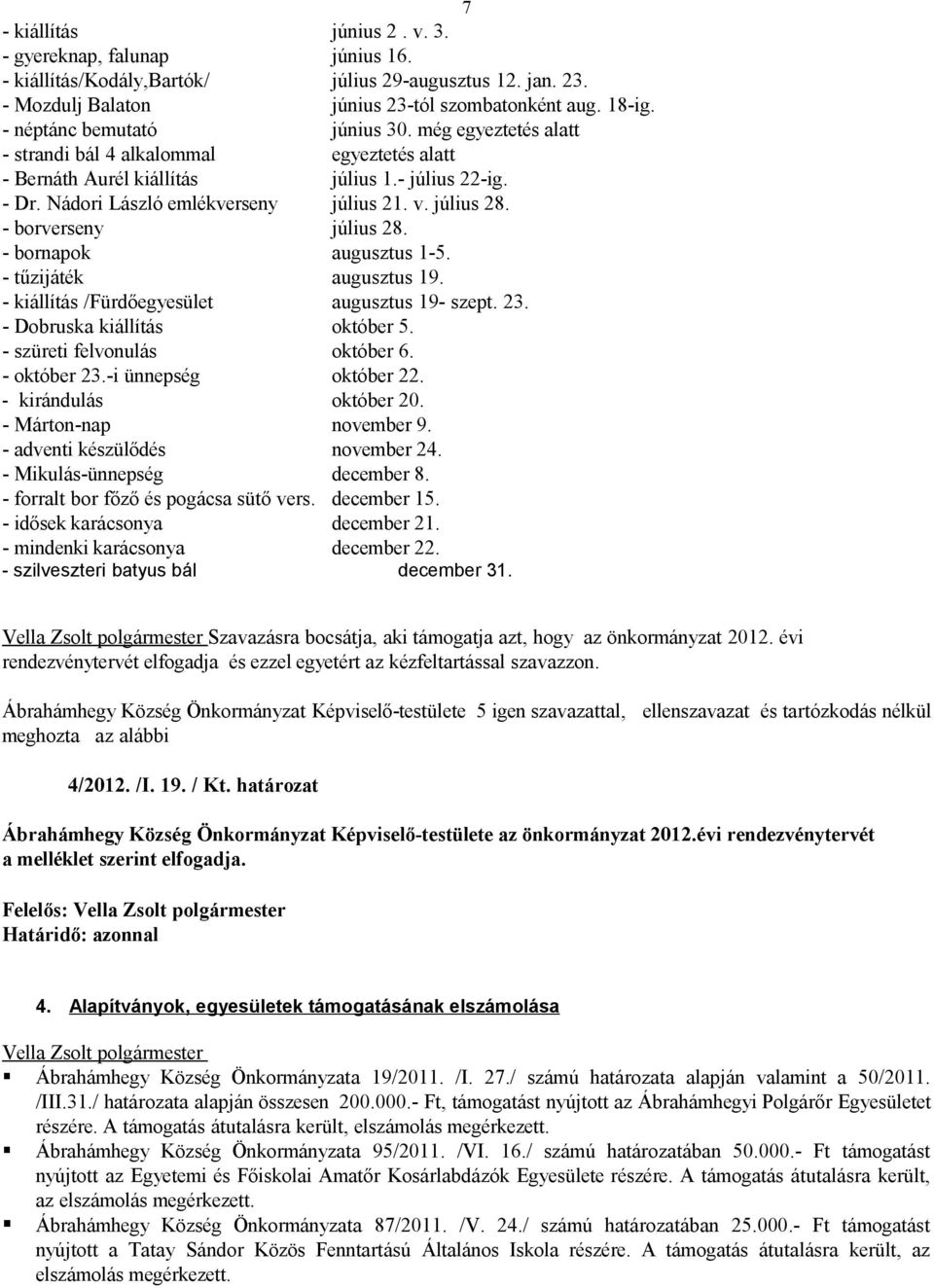 július 28. - borverseny július 28. - bornapok augusztus 1-5. - tűzijáték augusztus 19. - kiállítás /Fürdőegyesület augusztus 19- szept. 23. - Dobruska kiállítás október 5.