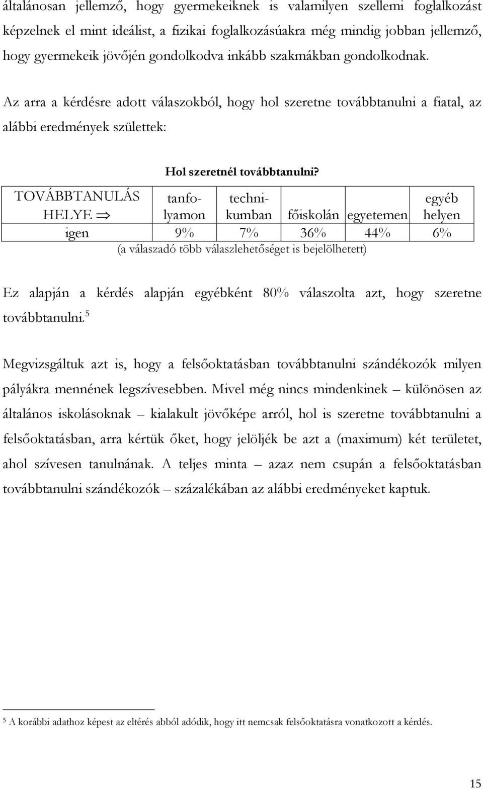 egyéb helyen tanfolyamon technikumban főiskolán egyetemen igen 9% 7% 36% 44% 6% (a válaszadó több válaszlehetőséget is bejelölhetett) Ez alapján a kérdés alapján egyébként 80% válaszolta azt, hogy