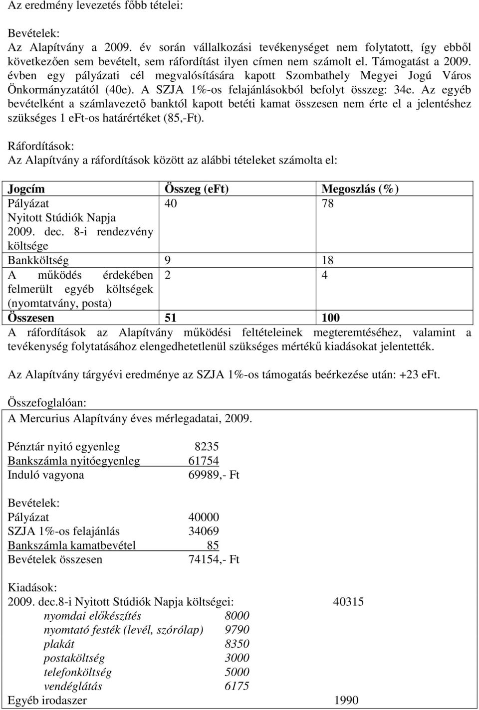 Az egyéb bevételként a számlavezető banktól kapott betéti kamat összesen nem érte el a jelentéshez szükséges 1 eft-os határértéket (85,-Ft).