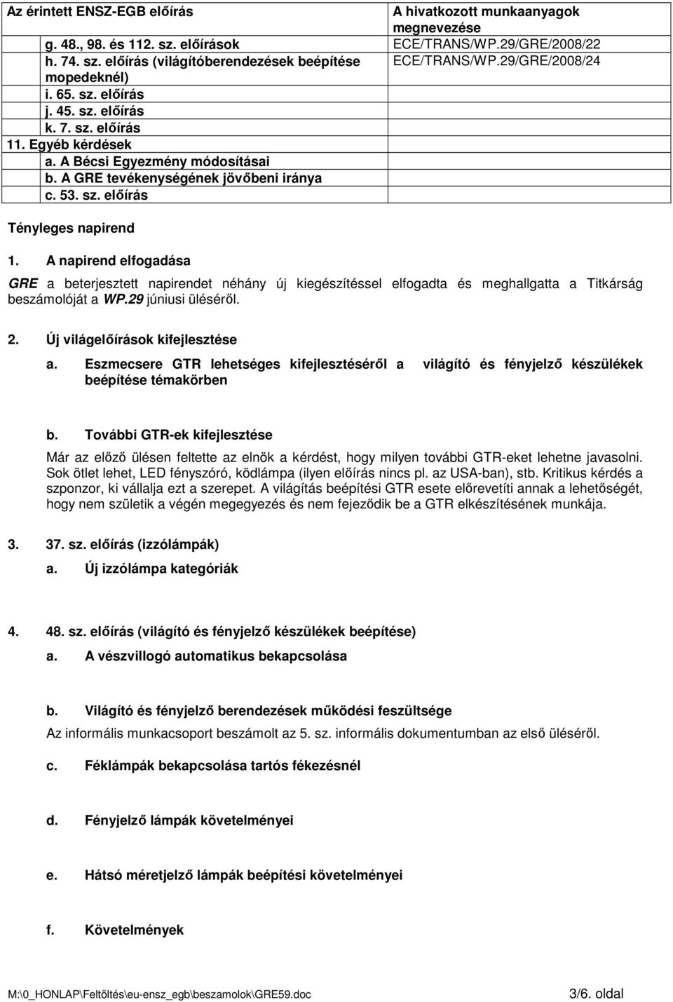 A napirend elfogadása GRE a beterjesztett napirendet néhány új kiegészítéssel elfogadta és meghallgatta a Titkárság beszámolóját a WP.29 júniusi ülésérıl. 2. Új világelıírások kifejlesztése a.