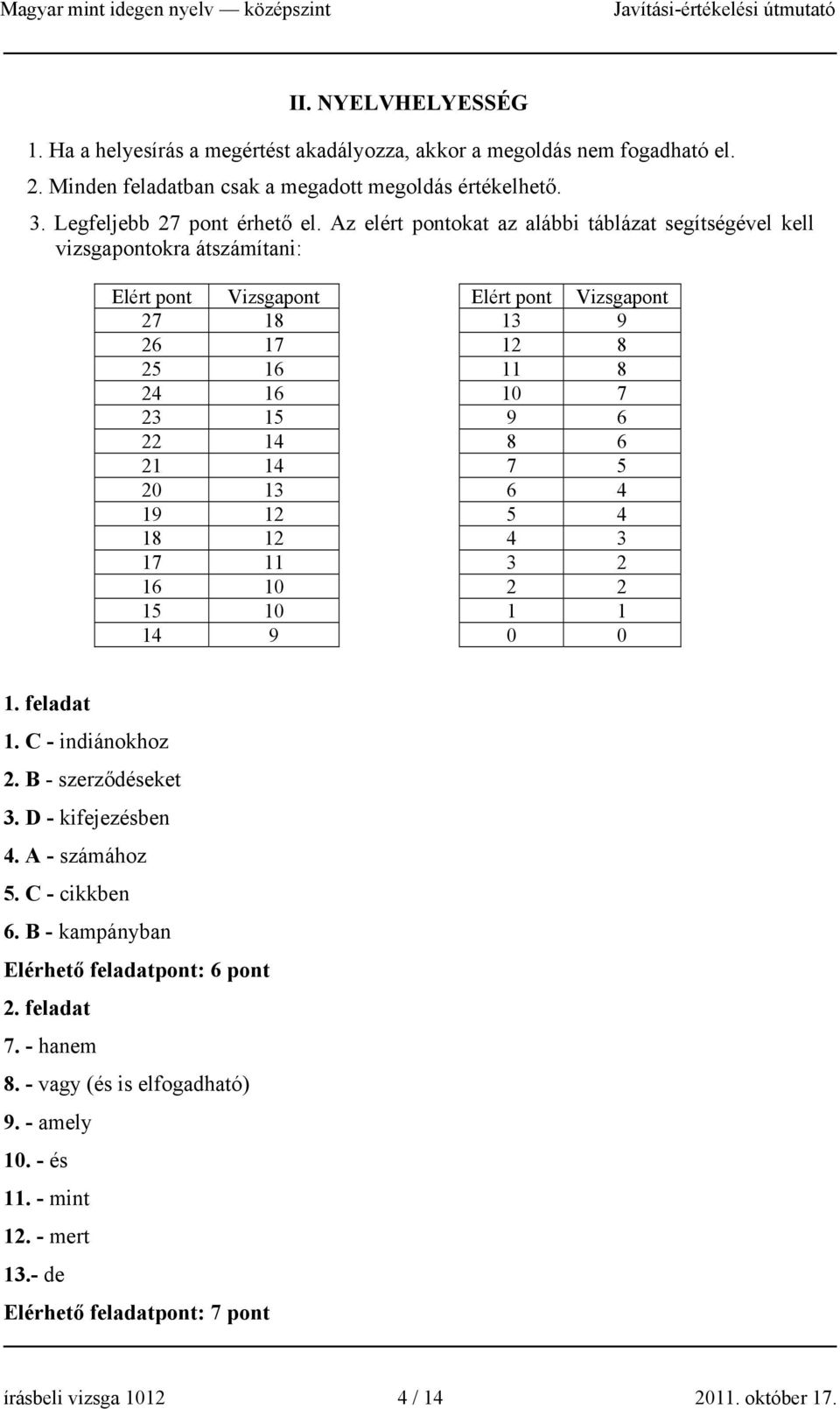 7 5 20 13 6 4 19 12 5 4 18 12 4 3 17 11 3 2 16 10 2 2 15 10 1 1 14 9 0 0 1. feladat 1. C - indiánokhoz 2. B - szerződéseket 3. D - kifejezésben 4. A - számához 5. C - cikkben 6.