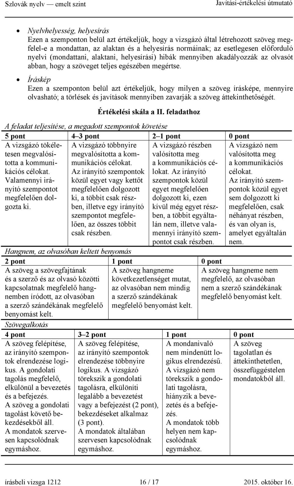 Íráskép Ezen a szemponton belül azt értékeljük, hogy milyen a szöveg írásképe, mennyire olvasható; a törlések és javítások mennyiben zavarják a szöveg áttekinthetőségét. Értékelési skála a II.