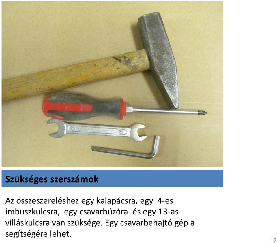 imbuszkulcsra, egy csavarhúzóra és egy 13-as