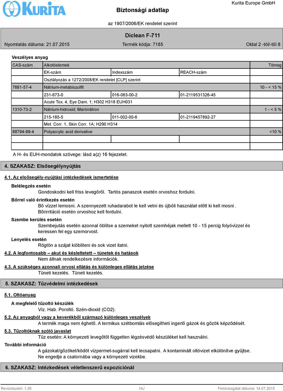 1A; H290 H314 794-99-4 Polyacrylic acid derivative <10 % Tömeg A H- és EUH-mondatok szövege: lásd a(z) 16 fejezetet. 4. SZAKASZ: Elsősegélynyújtás 4.1. Az elsősegély-nyújtási intézkedések ismertetése Belélegzés esetén Gondoskodni kell friss levegőről.