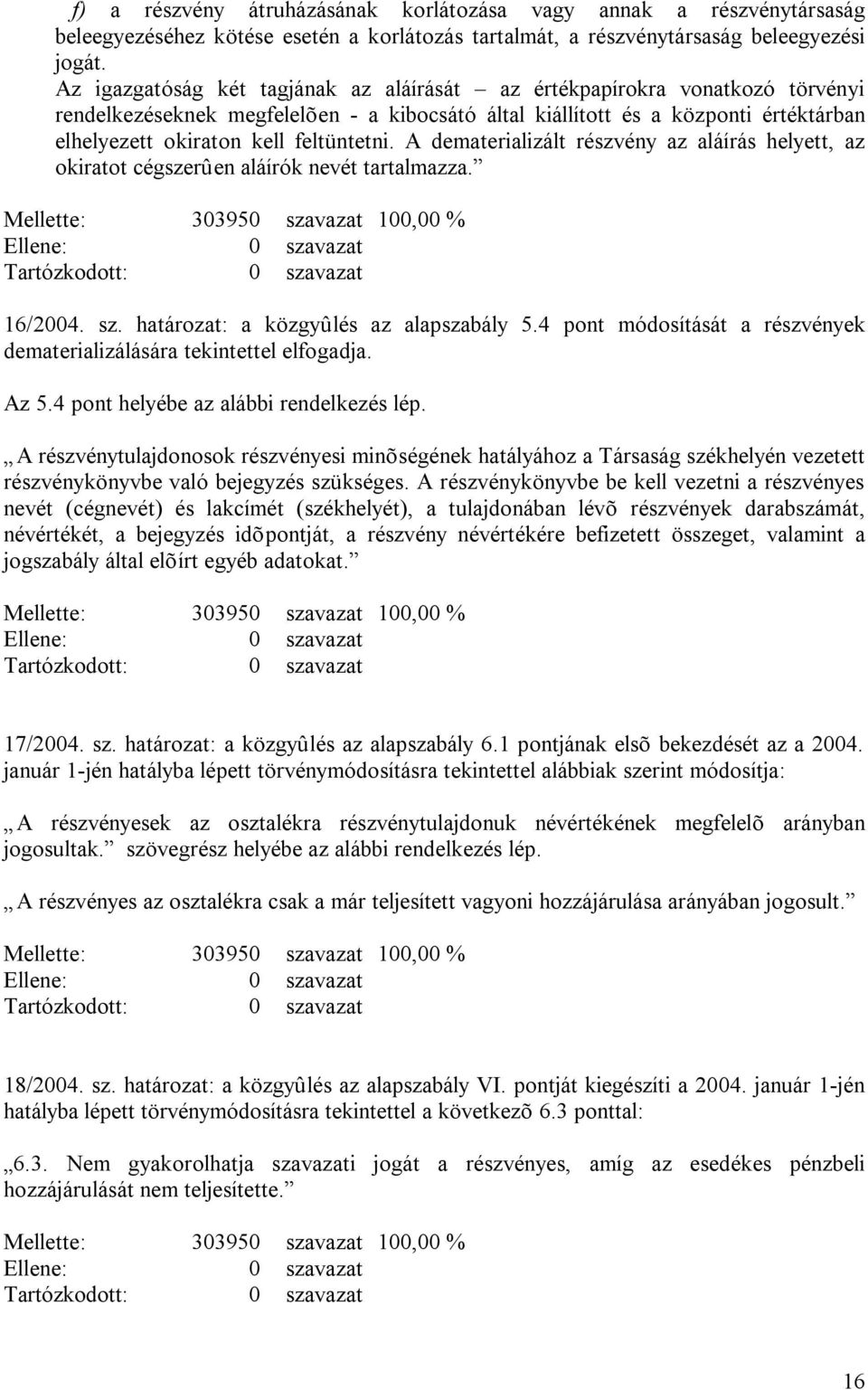 feltüntetni. A dematerializált részvény az aláírás helyett, az okiratot cégszerûen aláírók nevét tartalmazza. Mellette: 303950 szavazat 100,00 % 16/2004. sz. határozat: a közgyûlés az alapszabály 5.