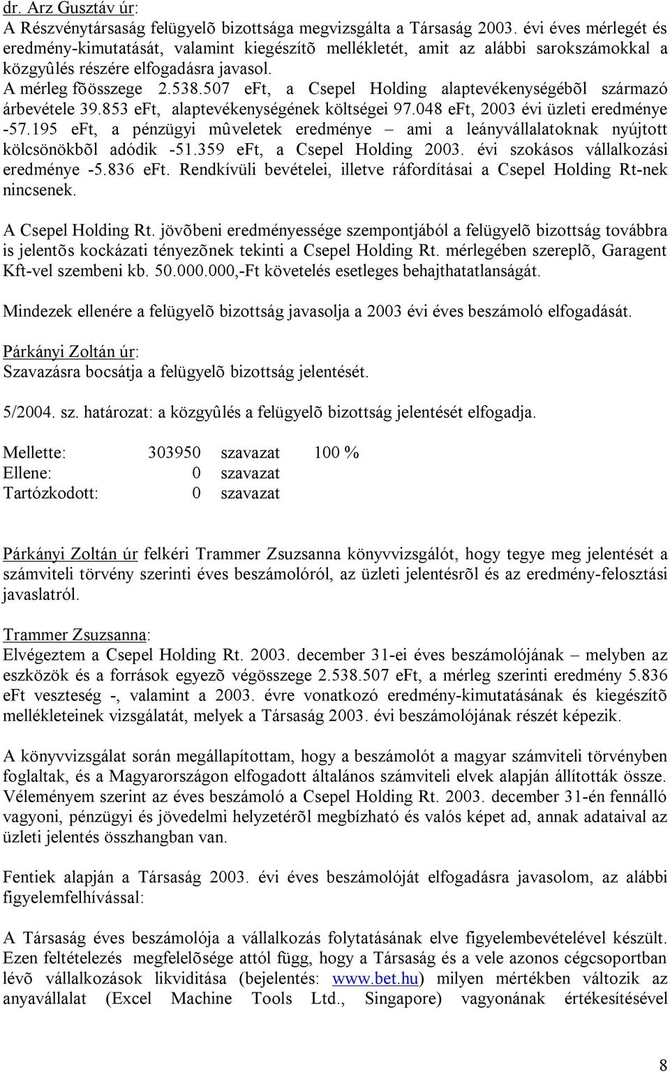 507 eft, a Csepel Holding alaptevékenységébõl származó árbevétele 39.853 eft, alaptevékenységének költségei 97.048 eft, 2003 évi üzleti eredménye -57.